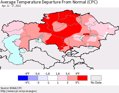 Kazakhstan Average Temperature Departure from Normal (CPC) Thematic Map For 4/11/2022 - 4/17/2022