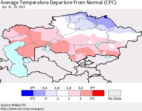 Kazakhstan Average Temperature Departure from Normal (CPC) Thematic Map For 4/18/2022 - 4/24/2022