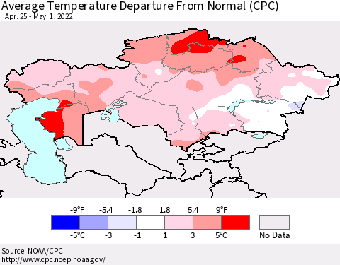 Kazakhstan Average Temperature Departure from Normal (CPC) Thematic Map For 4/25/2022 - 5/1/2022