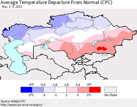 Kazakhstan Average Temperature Departure from Normal (CPC) Thematic Map For 5/2/2022 - 5/8/2022