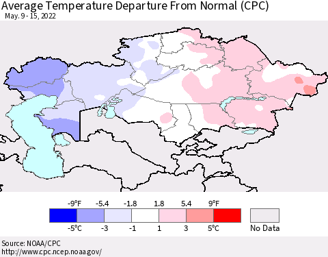 Kazakhstan Average Temperature Departure from Normal (CPC) Thematic Map For 5/9/2022 - 5/15/2022