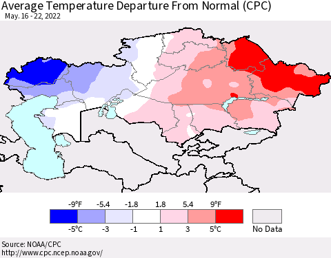 Kazakhstan Average Temperature Departure from Normal (CPC) Thematic Map For 5/16/2022 - 5/22/2022