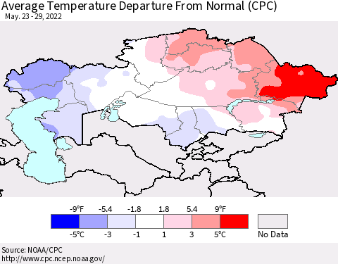 Kazakhstan Average Temperature Departure from Normal (CPC) Thematic Map For 5/23/2022 - 5/29/2022