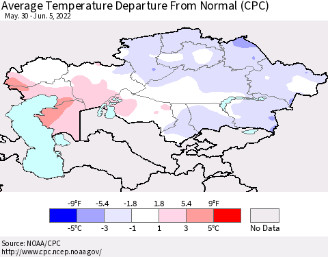 Kazakhstan Average Temperature Departure from Normal (CPC) Thematic Map For 5/30/2022 - 6/5/2022