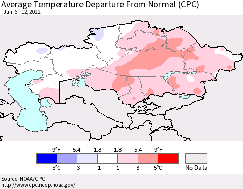 Kazakhstan Average Temperature Departure from Normal (CPC) Thematic Map For 6/6/2022 - 6/12/2022
