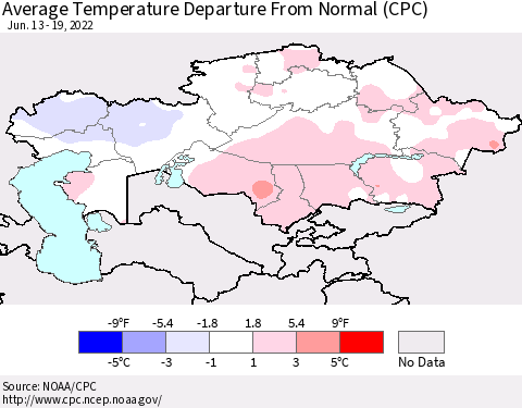 Kazakhstan Average Temperature Departure from Normal (CPC) Thematic Map For 6/13/2022 - 6/19/2022