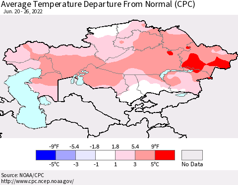 Kazakhstan Average Temperature Departure from Normal (CPC) Thematic Map For 6/20/2022 - 6/26/2022