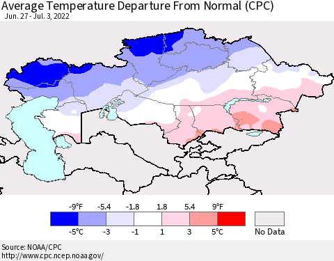Kazakhstan Average Temperature Departure from Normal (CPC) Thematic Map For 6/27/2022 - 7/3/2022