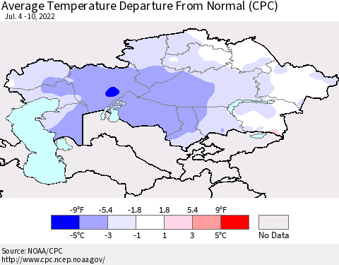 Kazakhstan Average Temperature Departure from Normal (CPC) Thematic Map For 7/4/2022 - 7/10/2022