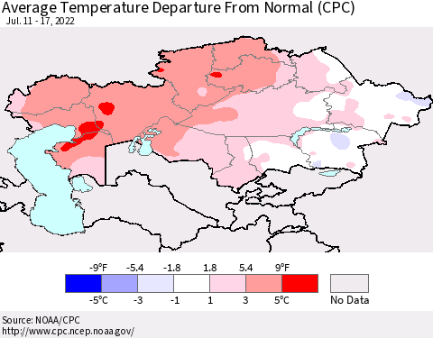 Kazakhstan Average Temperature Departure from Normal (CPC) Thematic Map For 7/11/2022 - 7/17/2022