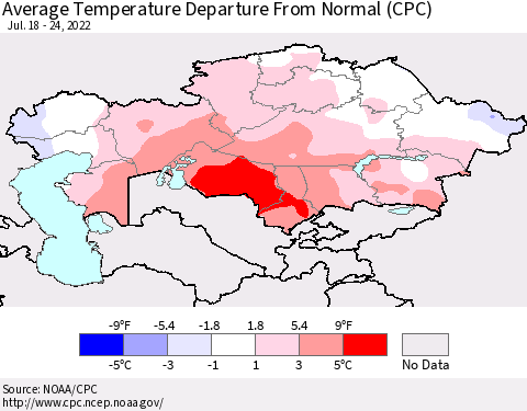 Kazakhstan Average Temperature Departure from Normal (CPC) Thematic Map For 7/18/2022 - 7/24/2022