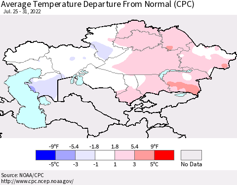 Kazakhstan Average Temperature Departure from Normal (CPC) Thematic Map For 7/25/2022 - 7/31/2022