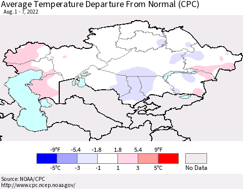Kazakhstan Average Temperature Departure from Normal (CPC) Thematic Map For 8/1/2022 - 8/7/2022