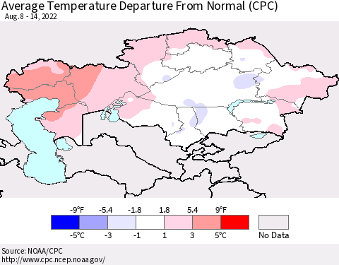 Kazakhstan Average Temperature Departure from Normal (CPC) Thematic Map For 8/8/2022 - 8/14/2022