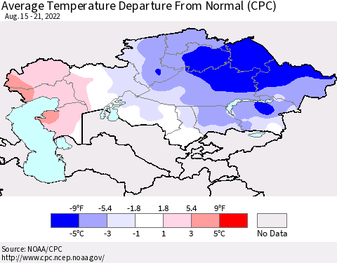 Kazakhstan Average Temperature Departure from Normal (CPC) Thematic Map For 8/15/2022 - 8/21/2022