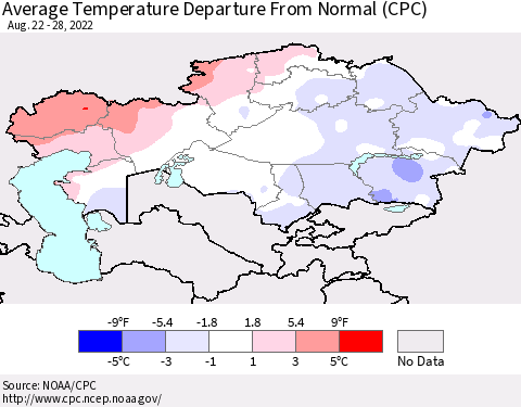 Kazakhstan Average Temperature Departure from Normal (CPC) Thematic Map For 8/22/2022 - 8/28/2022