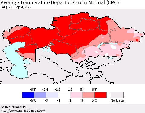 Kazakhstan Average Temperature Departure from Normal (CPC) Thematic Map For 8/29/2022 - 9/4/2022