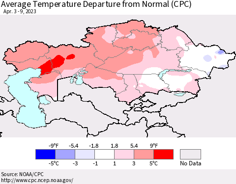 Kazakhstan Average Temperature Departure from Normal (CPC) Thematic Map For 4/3/2023 - 4/9/2023