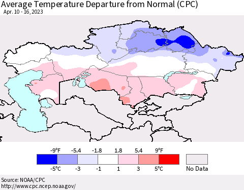 Kazakhstan Average Temperature Departure from Normal (CPC) Thematic Map For 4/10/2023 - 4/16/2023