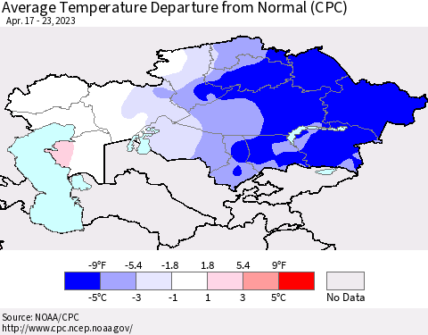 Kazakhstan Average Temperature Departure from Normal (CPC) Thematic Map For 4/17/2023 - 4/23/2023