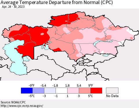 Kazakhstan Average Temperature Departure from Normal (CPC) Thematic Map For 4/24/2023 - 4/30/2023