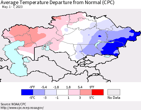 Kazakhstan Average Temperature Departure from Normal (CPC) Thematic Map For 5/1/2023 - 5/7/2023
