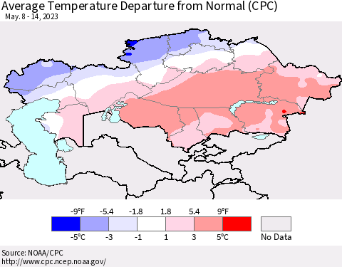 Kazakhstan Average Temperature Departure from Normal (CPC) Thematic Map For 5/8/2023 - 5/14/2023