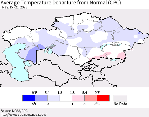Kazakhstan Average Temperature Departure from Normal (CPC) Thematic Map For 5/15/2023 - 5/21/2023