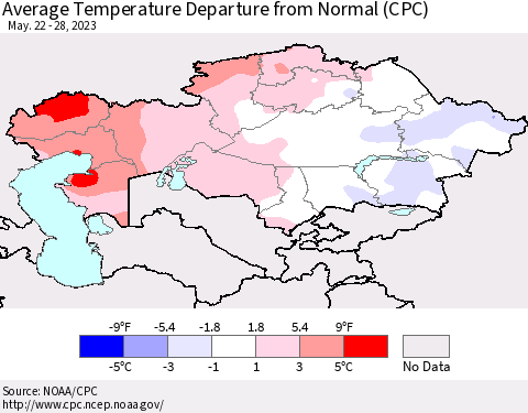 Kazakhstan Average Temperature Departure from Normal (CPC) Thematic Map For 5/22/2023 - 5/28/2023