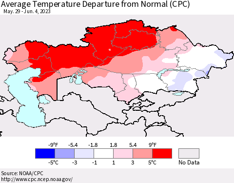 Kazakhstan Average Temperature Departure from Normal (CPC) Thematic Map For 5/29/2023 - 6/4/2023