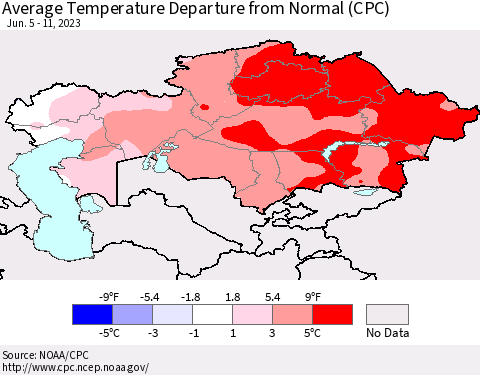 Kazakhstan Average Temperature Departure from Normal (CPC) Thematic Map For 6/5/2023 - 6/11/2023