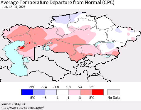 Kazakhstan Average Temperature Departure from Normal (CPC) Thematic Map For 6/12/2023 - 6/18/2023