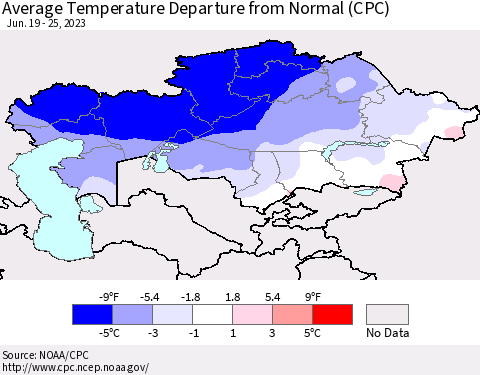 Kazakhstan Average Temperature Departure from Normal (CPC) Thematic Map For 6/19/2023 - 6/25/2023