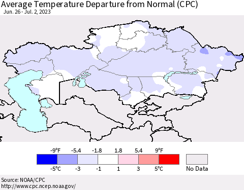 Kazakhstan Average Temperature Departure from Normal (CPC) Thematic Map For 6/26/2023 - 7/2/2023