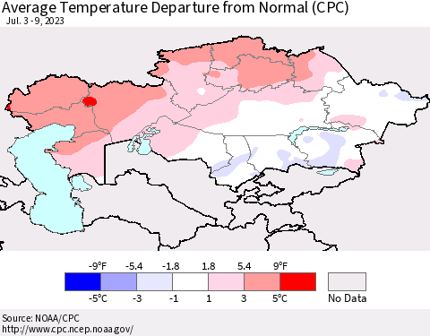 Kazakhstan Average Temperature Departure from Normal (CPC) Thematic Map For 7/3/2023 - 7/9/2023