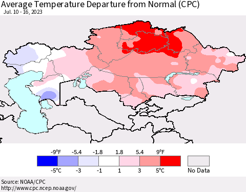 Kazakhstan Average Temperature Departure from Normal (CPC) Thematic Map For 7/10/2023 - 7/16/2023
