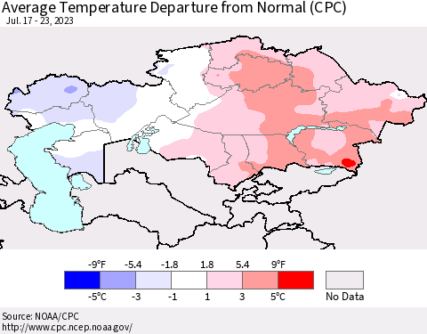 Kazakhstan Average Temperature Departure from Normal (CPC) Thematic Map For 7/17/2023 - 7/23/2023