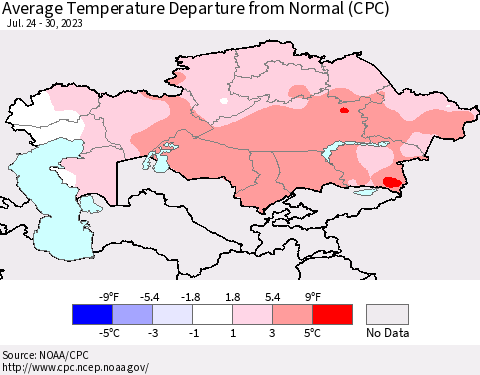 Kazakhstan Average Temperature Departure from Normal (CPC) Thematic Map For 7/24/2023 - 7/30/2023