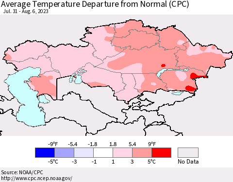 Kazakhstan Average Temperature Departure from Normal (CPC) Thematic Map For 7/31/2023 - 8/6/2023