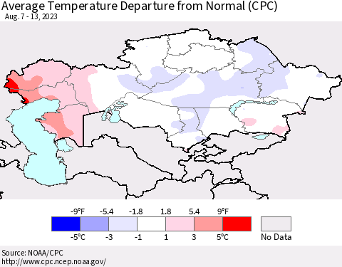 Kazakhstan Average Temperature Departure from Normal (CPC) Thematic Map For 8/7/2023 - 8/13/2023