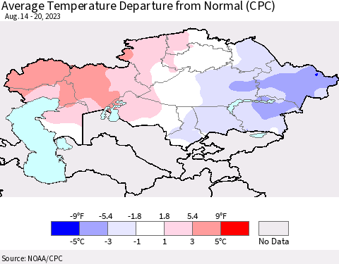 Kazakhstan Average Temperature Departure from Normal (CPC) Thematic Map For 8/14/2023 - 8/20/2023