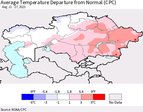 Kazakhstan Average Temperature Departure from Normal (CPC) Thematic Map For 8/21/2023 - 8/27/2023