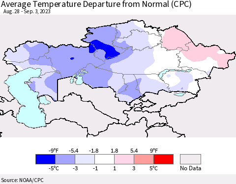 Kazakhstan Average Temperature Departure from Normal (CPC) Thematic Map For 8/28/2023 - 9/3/2023