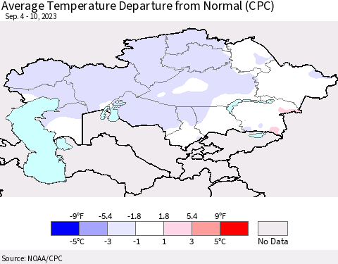 Kazakhstan Average Temperature Departure from Normal (CPC) Thematic Map For 9/4/2023 - 9/10/2023