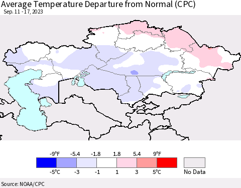 Kazakhstan Average Temperature Departure from Normal (CPC) Thematic Map For 9/11/2023 - 9/17/2023
