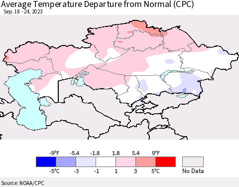Kazakhstan Average Temperature Departure from Normal (CPC) Thematic Map For 9/18/2023 - 9/24/2023
