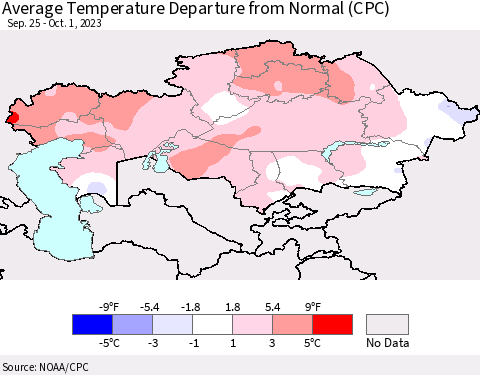 Kazakhstan Average Temperature Departure from Normal (CPC) Thematic Map For 9/25/2023 - 10/1/2023