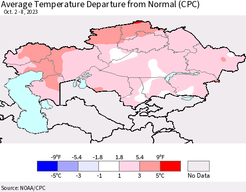 Kazakhstan Average Temperature Departure from Normal (CPC) Thematic Map For 10/2/2023 - 10/8/2023