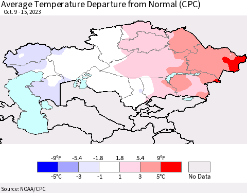 Kazakhstan Average Temperature Departure from Normal (CPC) Thematic Map For 10/9/2023 - 10/15/2023