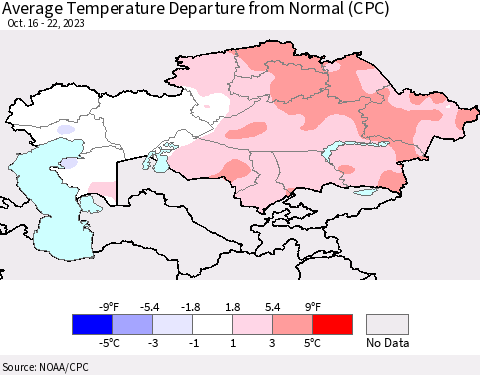 Kazakhstan Average Temperature Departure from Normal (CPC) Thematic Map For 10/16/2023 - 10/22/2023